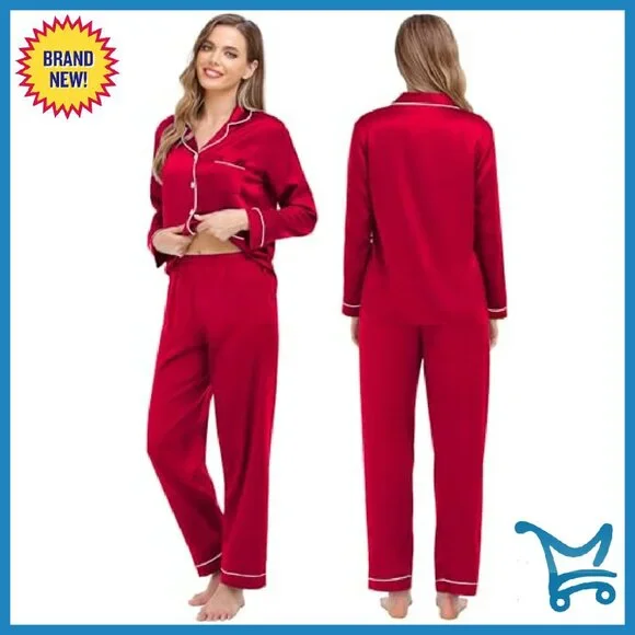 Satin Couples Pajama Set Long Sleeve Button Down Sleepwear with Pockets